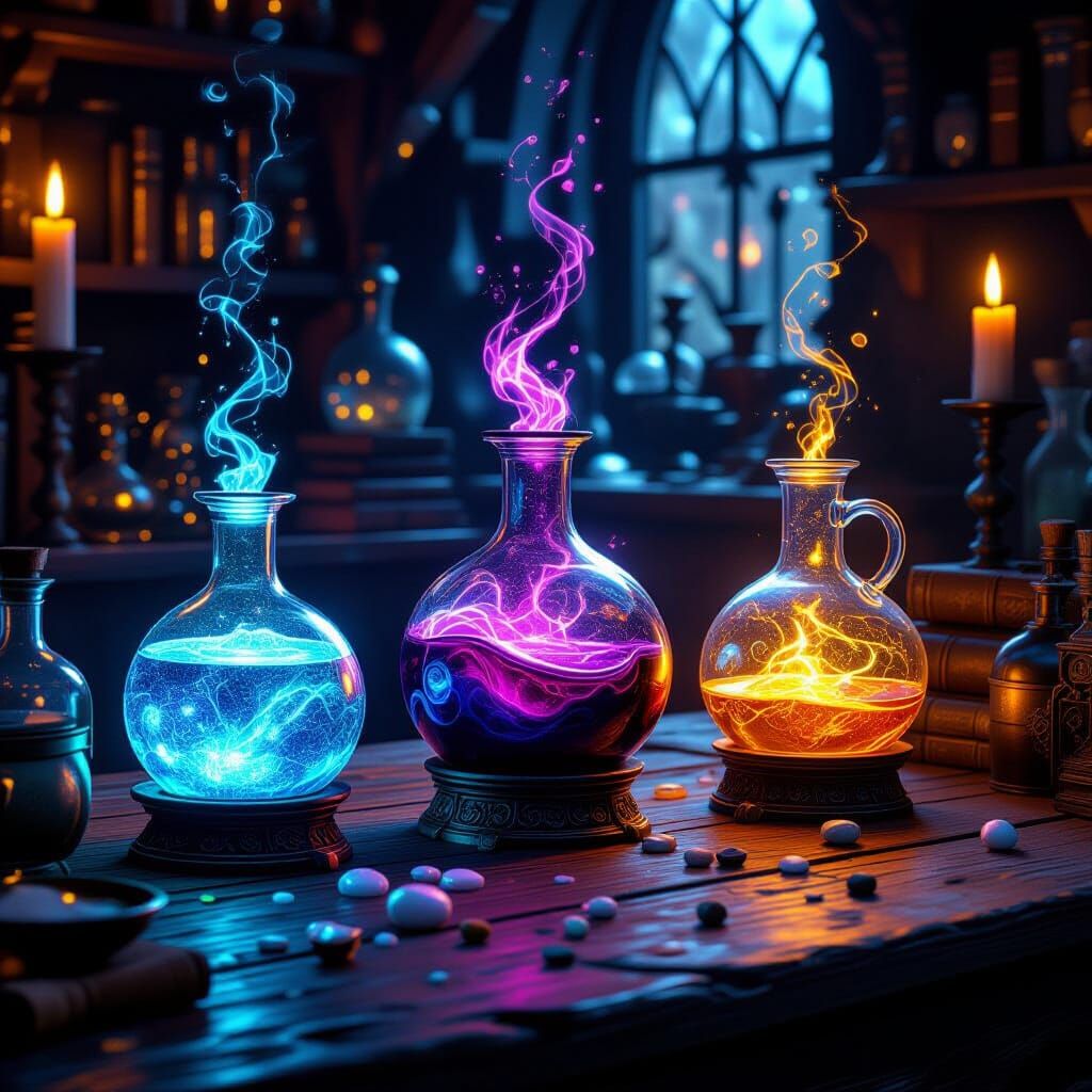 Alchemist's Workbench With Magical, Bubbling Potions