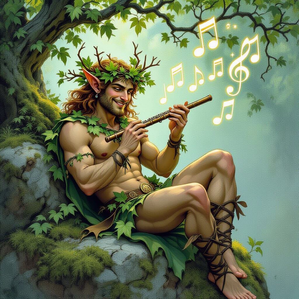 Satyr Lounging with Pan Flute, Fantasy Illustration
