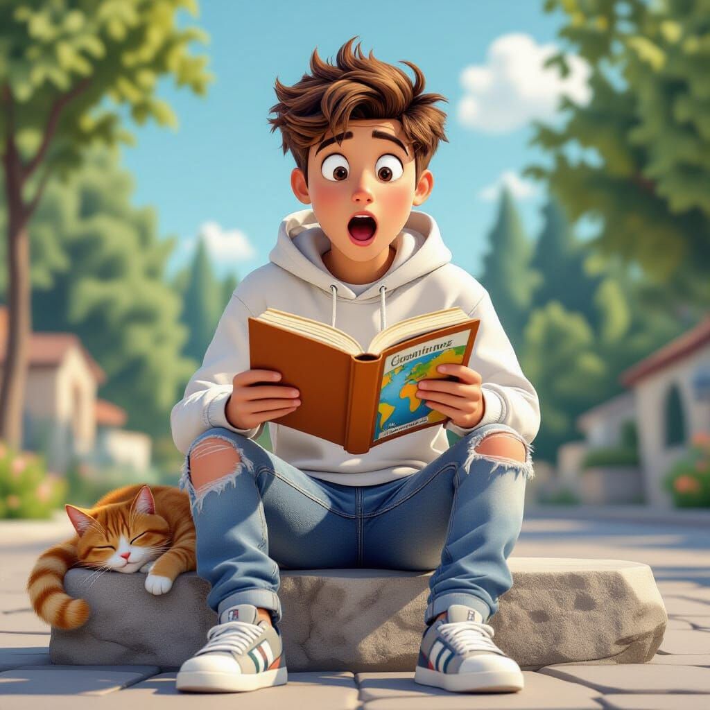 Surprised Teenager With Book and Cat in 3D Cartoon Style