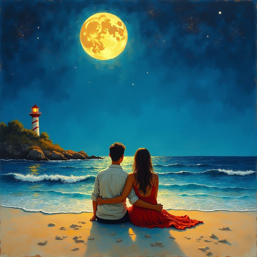 Romantic Beach Scene in Fauvist Abstract Style