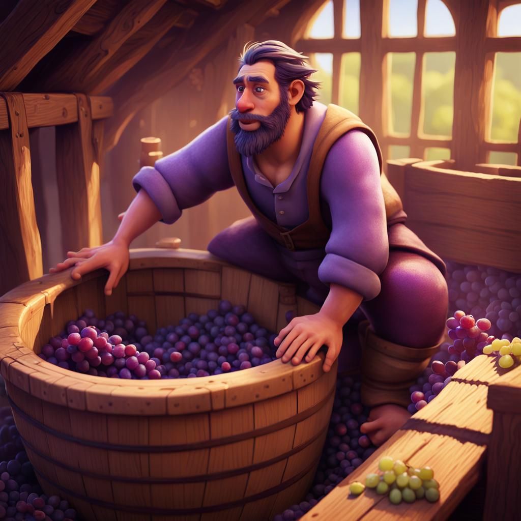 Saxon Peasant Squishing Grapes: Vibrant Pixar Style