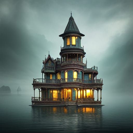 Victorian House on Floating Island in Fantasy Art Style