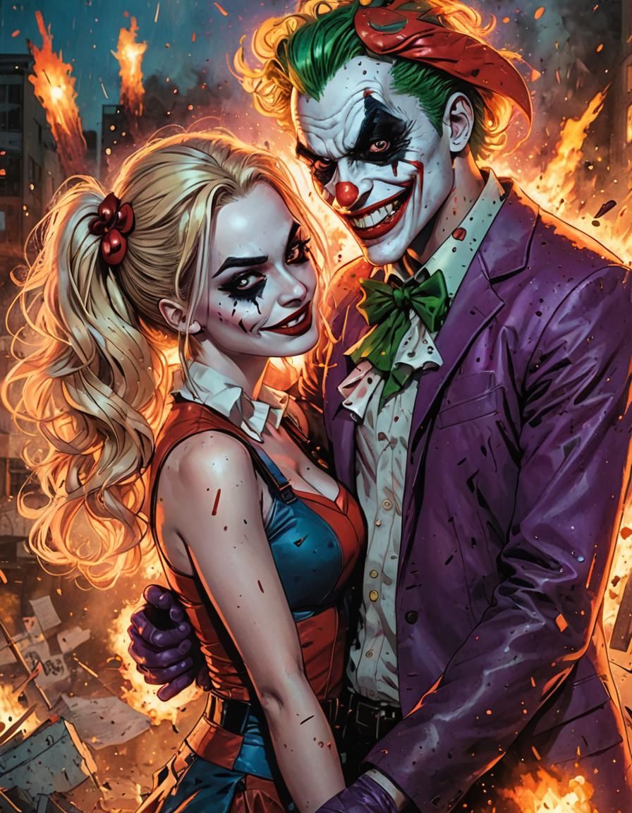 Harley Quinn and joker standing in front of the fire