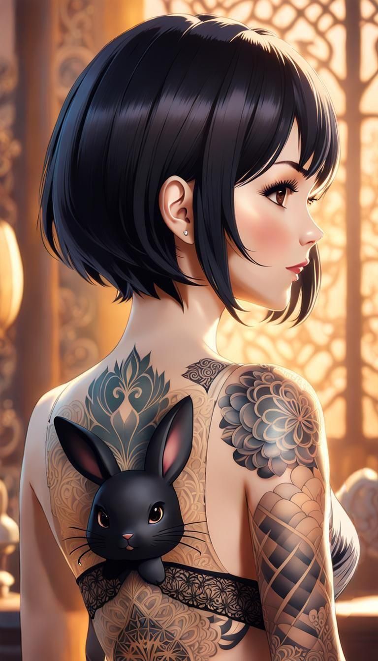 Anime Woman with Rabbit Tattoo