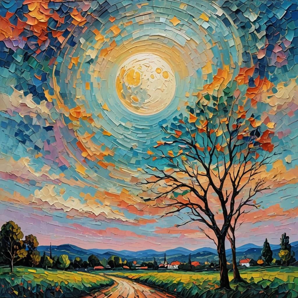 Colorful Half Moon in Neo-Impressionist Style