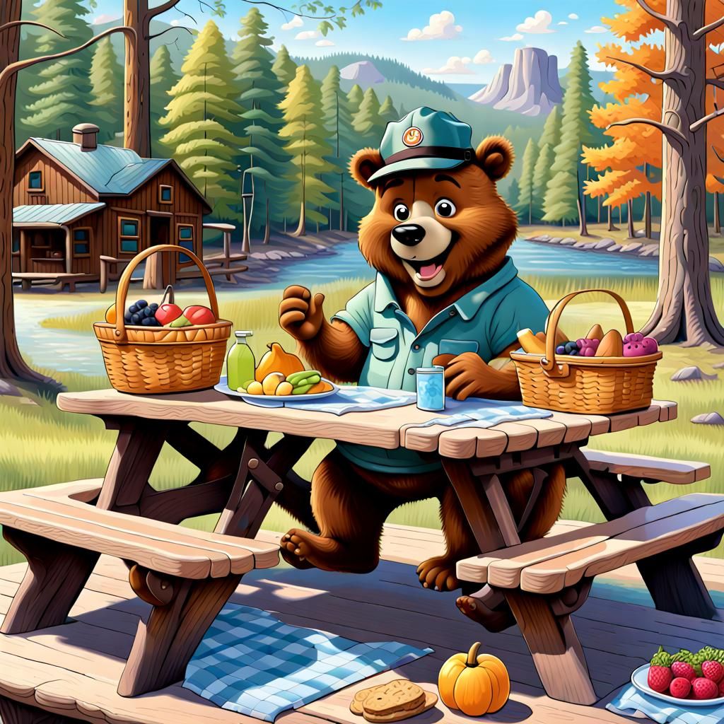 Cartoon Yogi Bear and Boo Boo Picnic in Jellystone