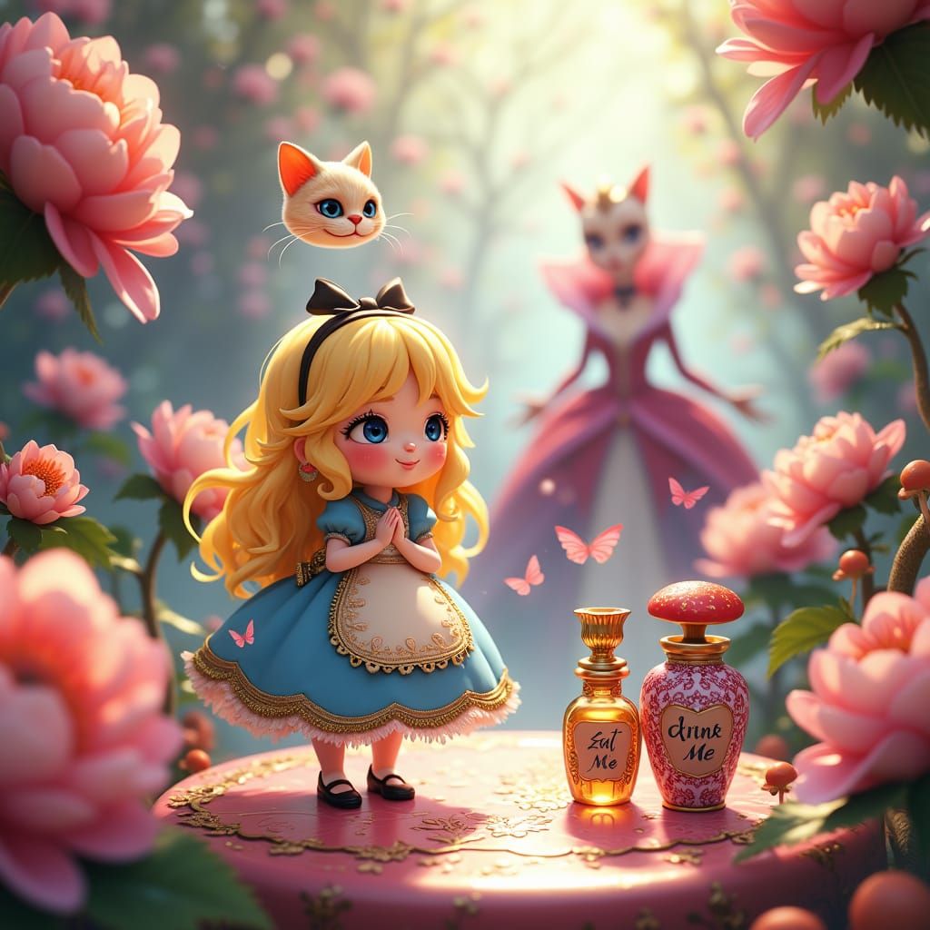 Chibi Alice in Wonderland with Cheshire Cat in 3D Anime Styl...
