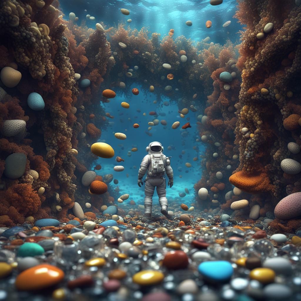 Pebble Titanic Meets Astronaut: Mosaic Steampunk Underwater