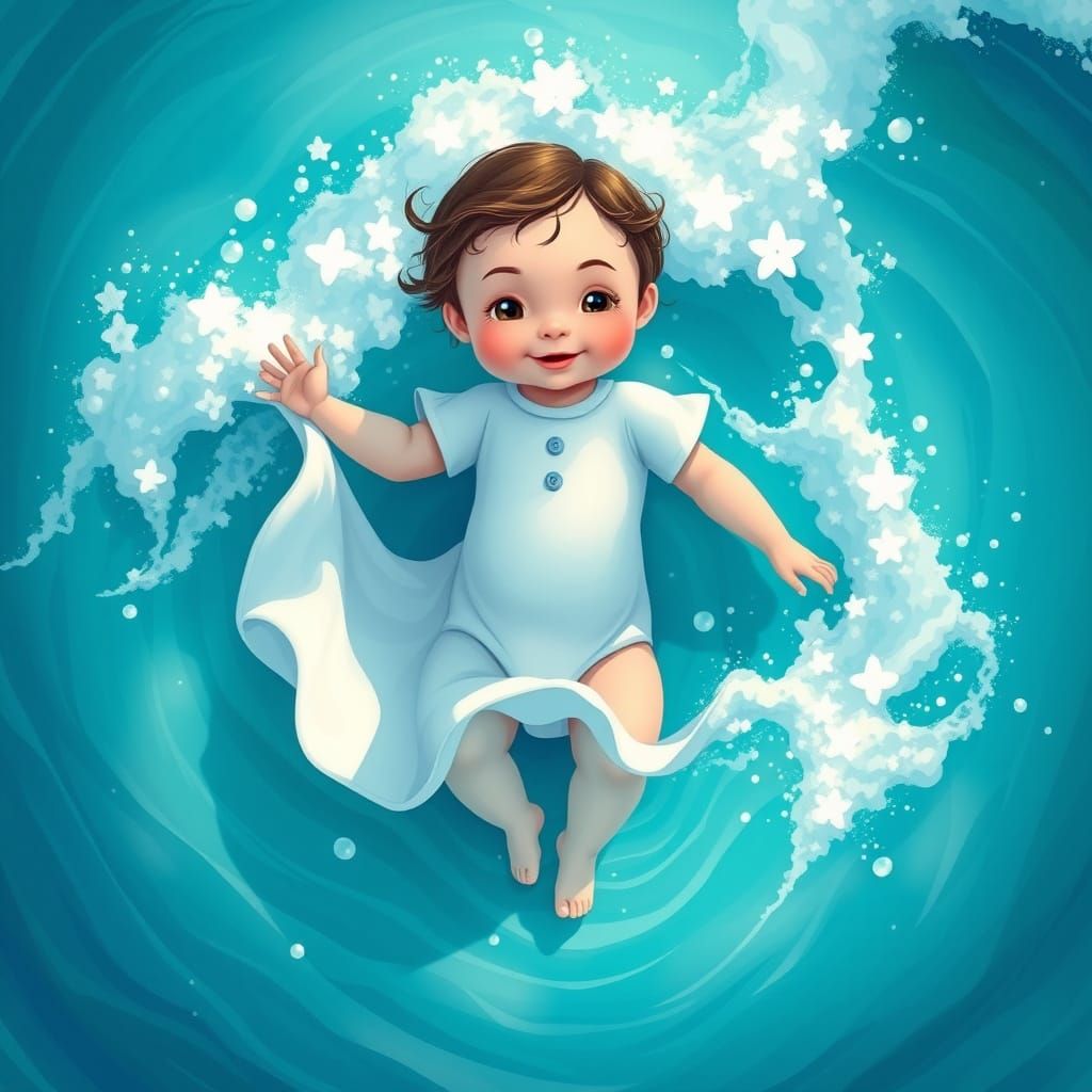 Baby Moana Touches Ocean Waves: Dreamy Art