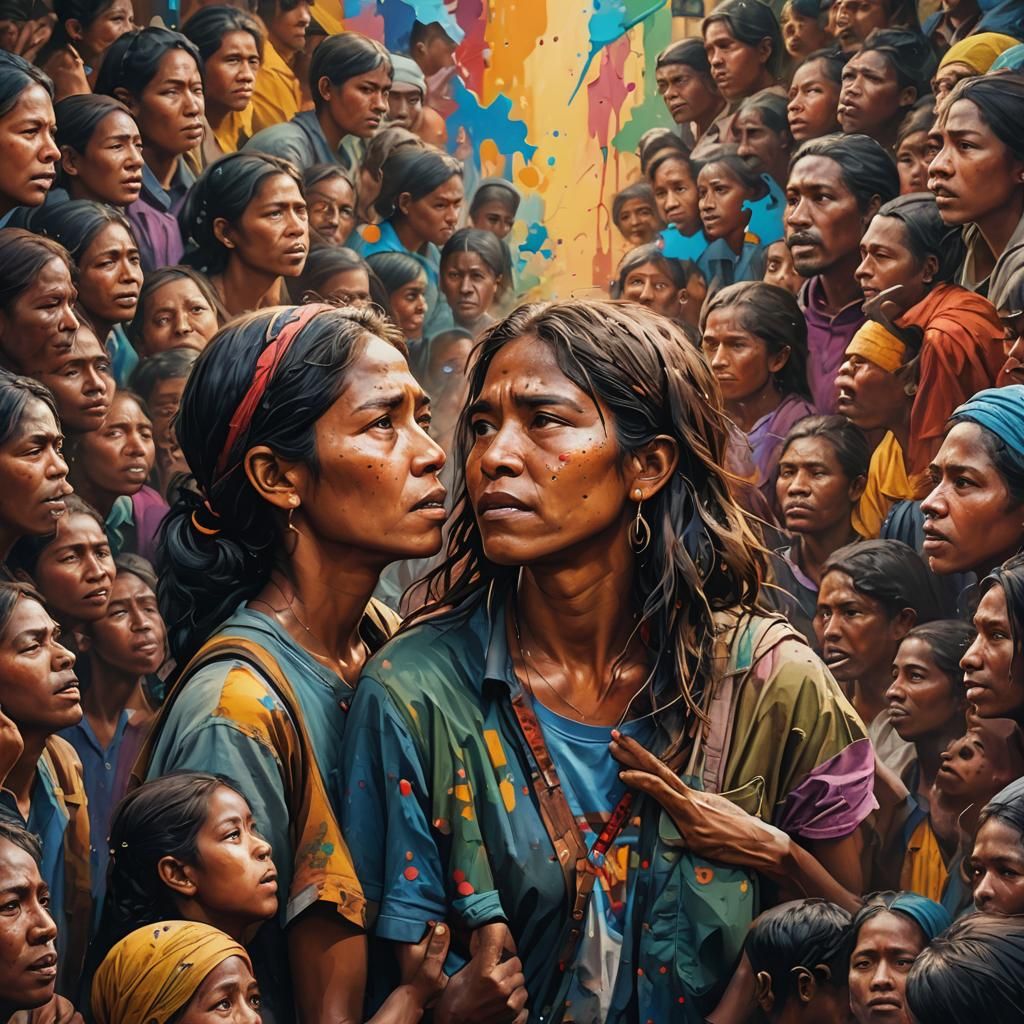 Hyperrealistic Figures Search in Colorful Splash Art