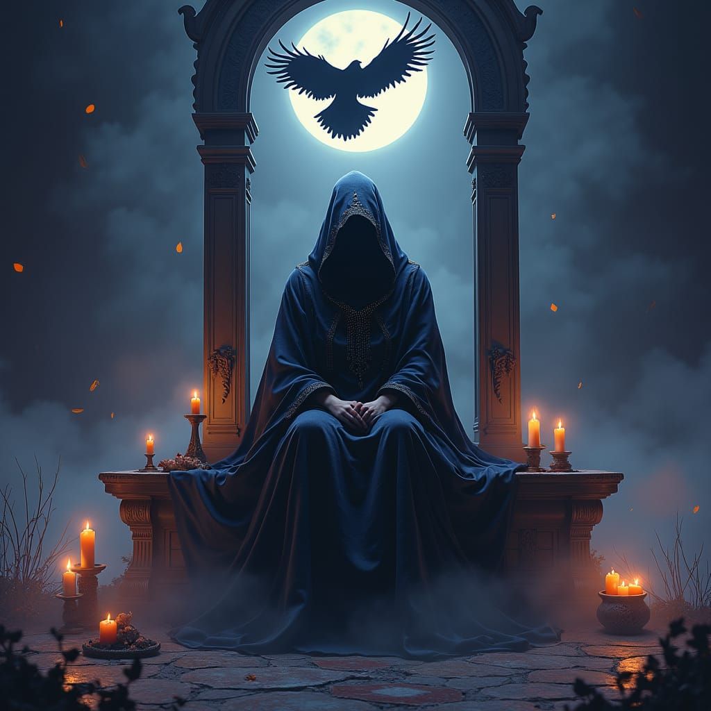 Mystic Figure Under Raven Sign in Baroque Style