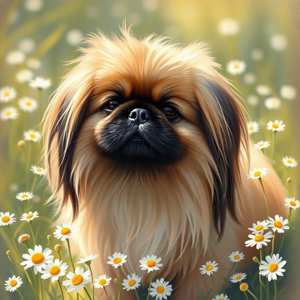 Pekingese Dog in Meadow, Impressionist Style