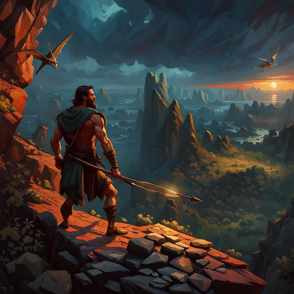 Bearded Caveman Observing Pterodactyls in Dramatic Landscape