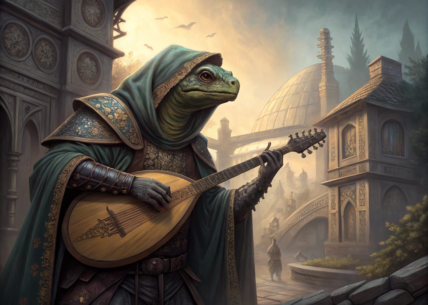 Cyborg Turtle Bard in Medieval Fantasy Setting