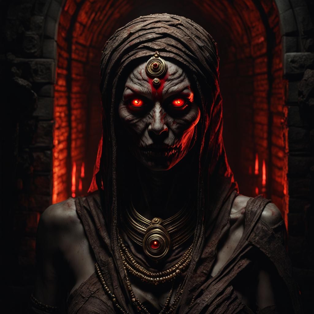 Undead Mummy Priestess in Dark Tomb: Fantasy Art