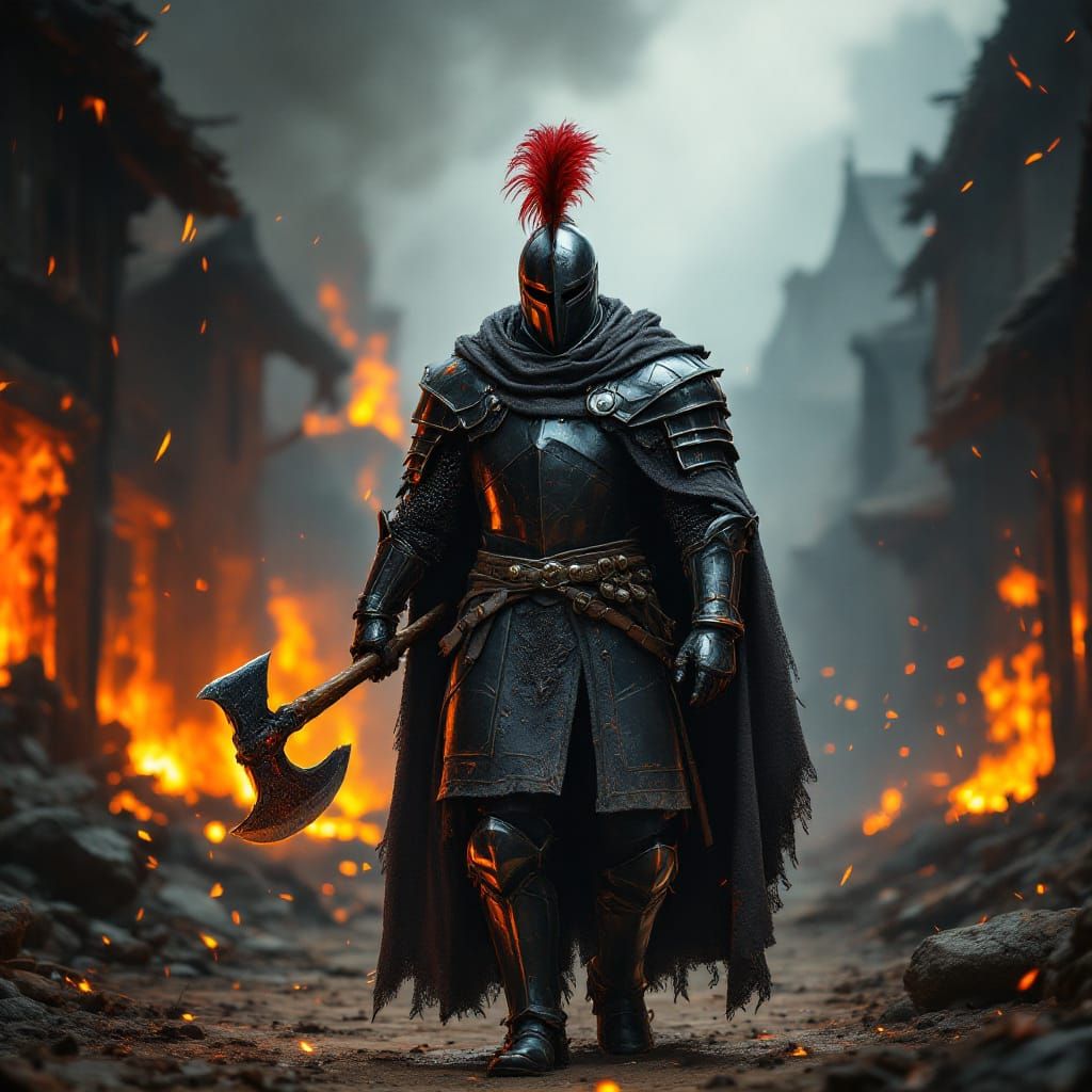 Knight in Dark Armor Amidst Inferno