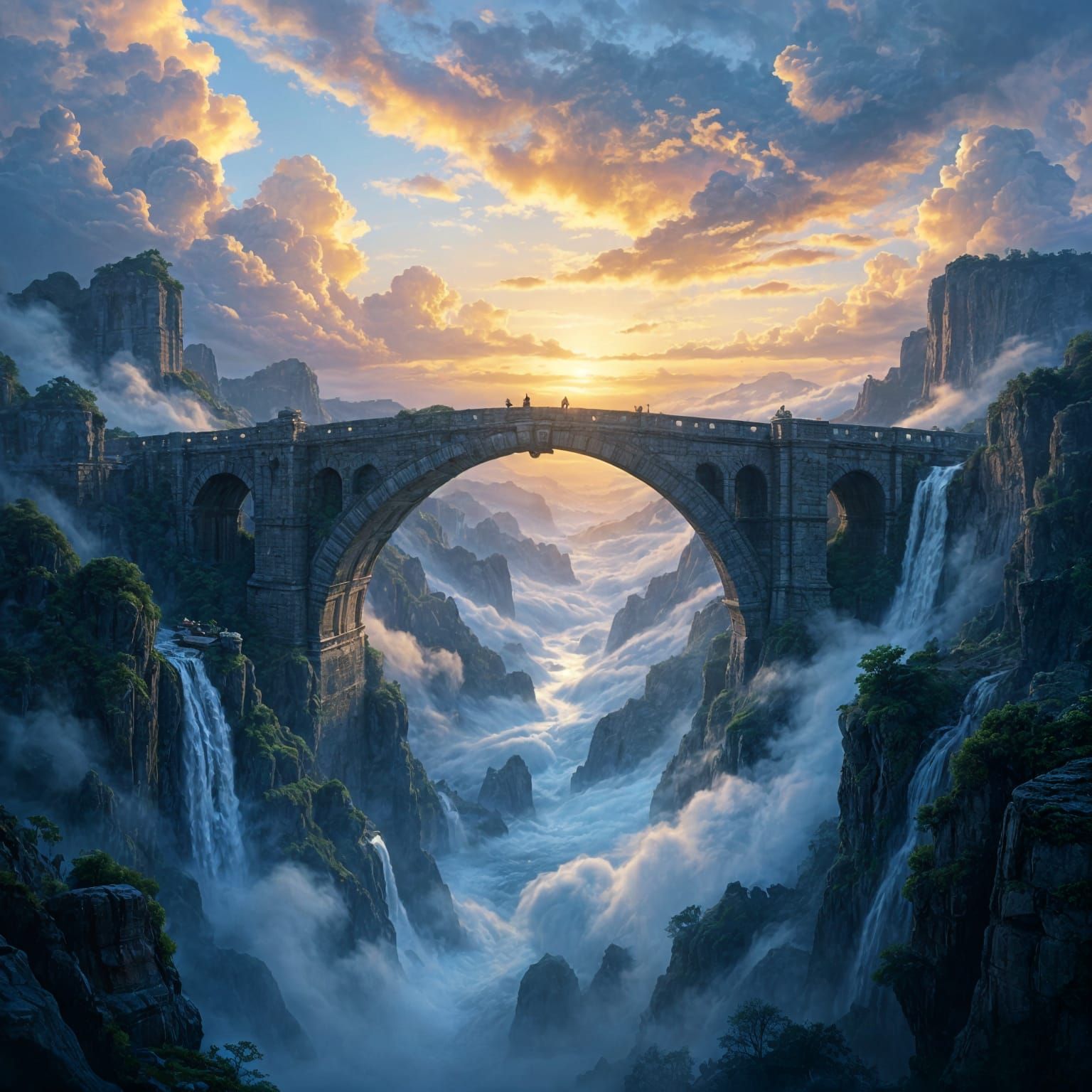 Epic Stone Bridge Over Misty Chasm in Digital Art