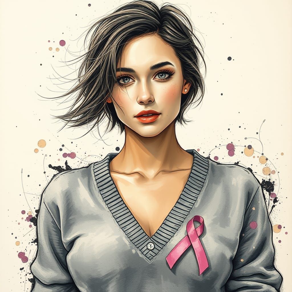 Woman with Pink Ribbon, Fluid Impasto Acrylic Painting