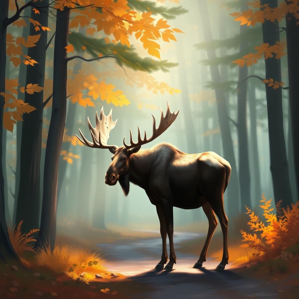 Moose on Forest Path in Autumnal Paradise