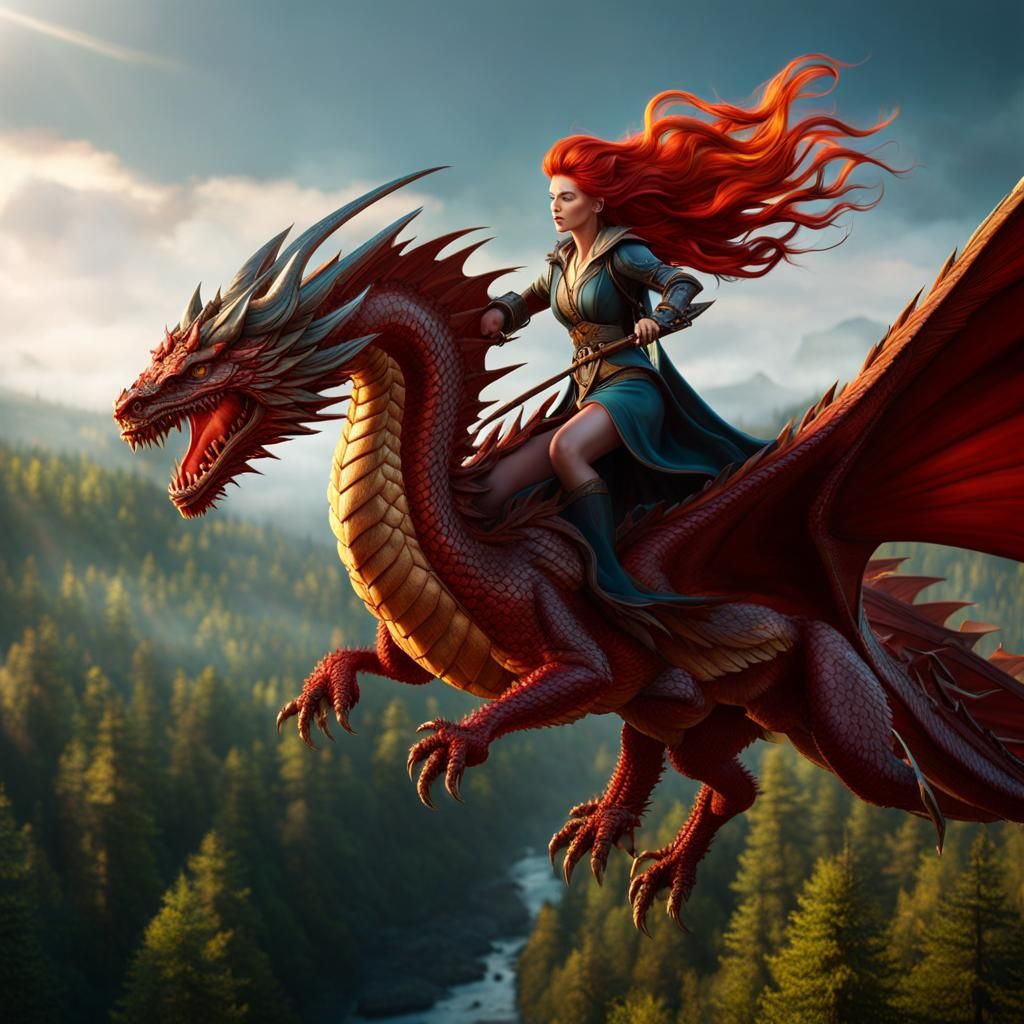 Woman Riding Dragon in Fantasy Epic Render