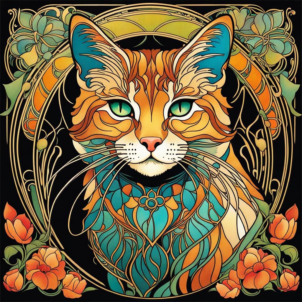 Art Nouveau Tabby Cat in Mucha Style