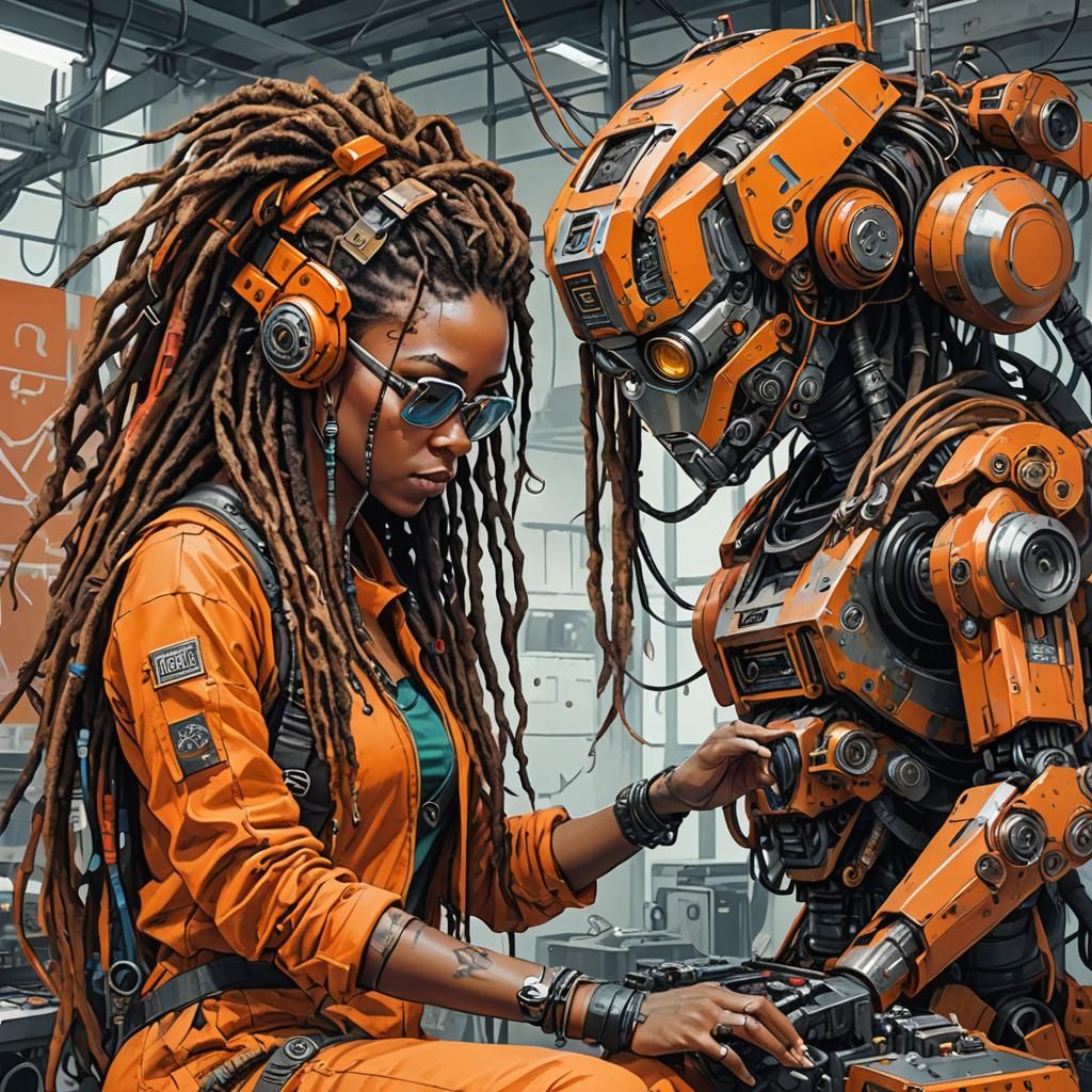 Caribbean Girl Repairs Battle Robot in Mixed Media Style