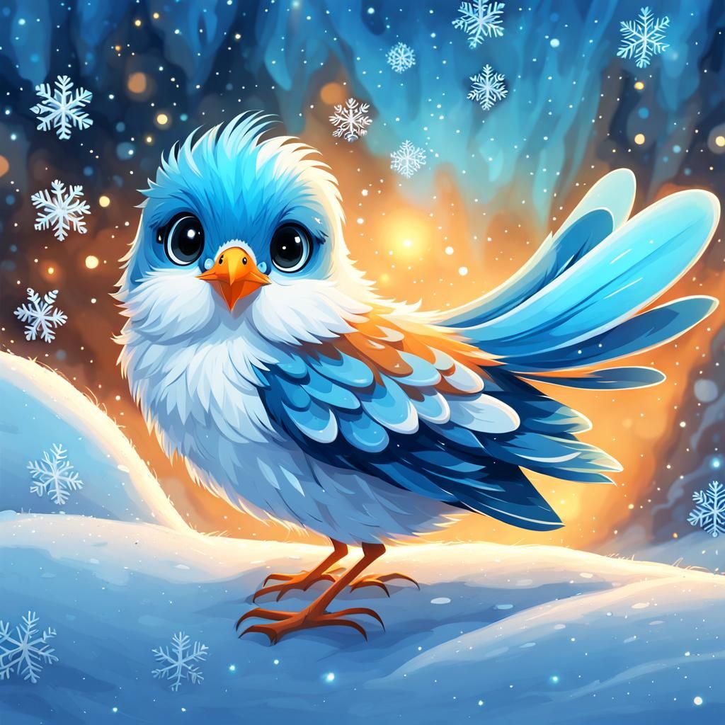 Kawaii Bird Sees First Snowflake: Digital Painting