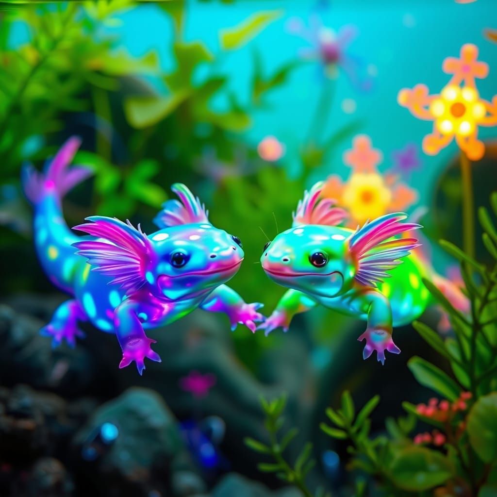 Whimsical Axolotls Sway in Dreamlike Aquatic Scene