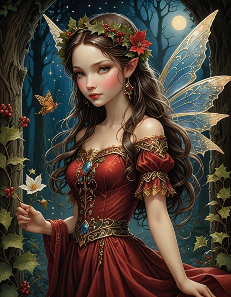 Christmas Fairy in Crimson Velvet, Golden Embroidery, and Sp...