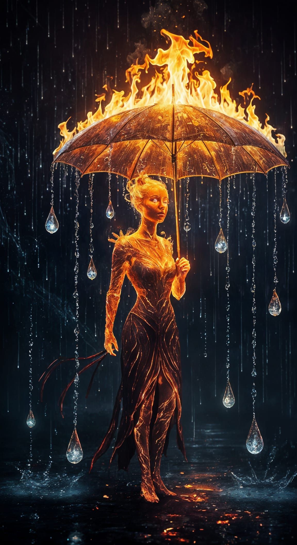 Enchanted Flame Figure with Raindrop Umbrella