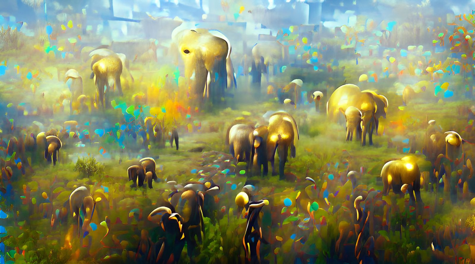 Elephants Search for Golden Mushroom People, Action Painting