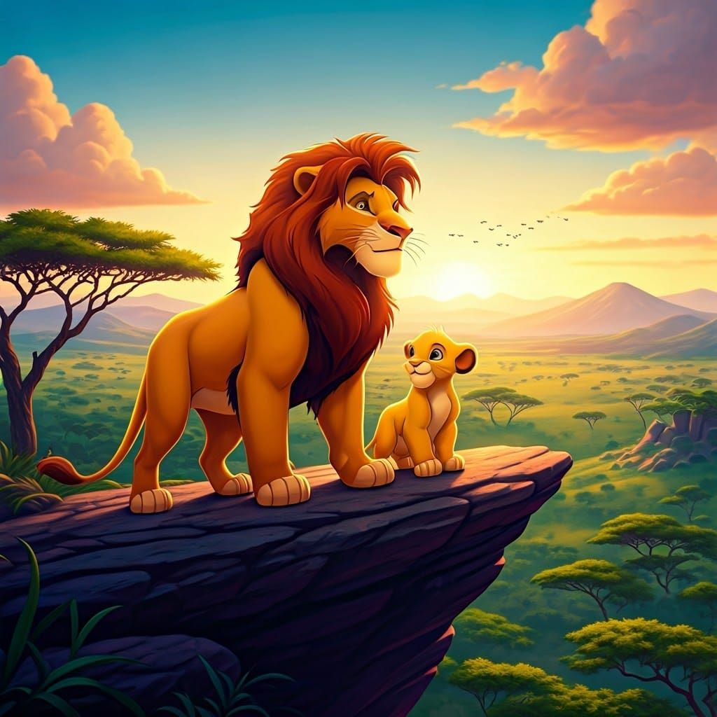 Mufasa and Simba Overlook the African Savanna