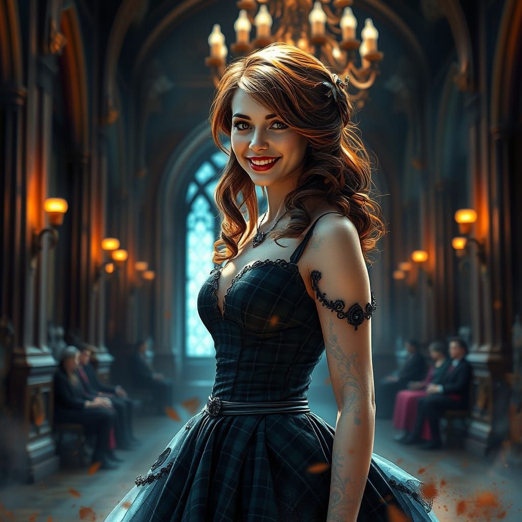 Woman in Plaid Gown in Gothic Ballroom, Watercolor Style