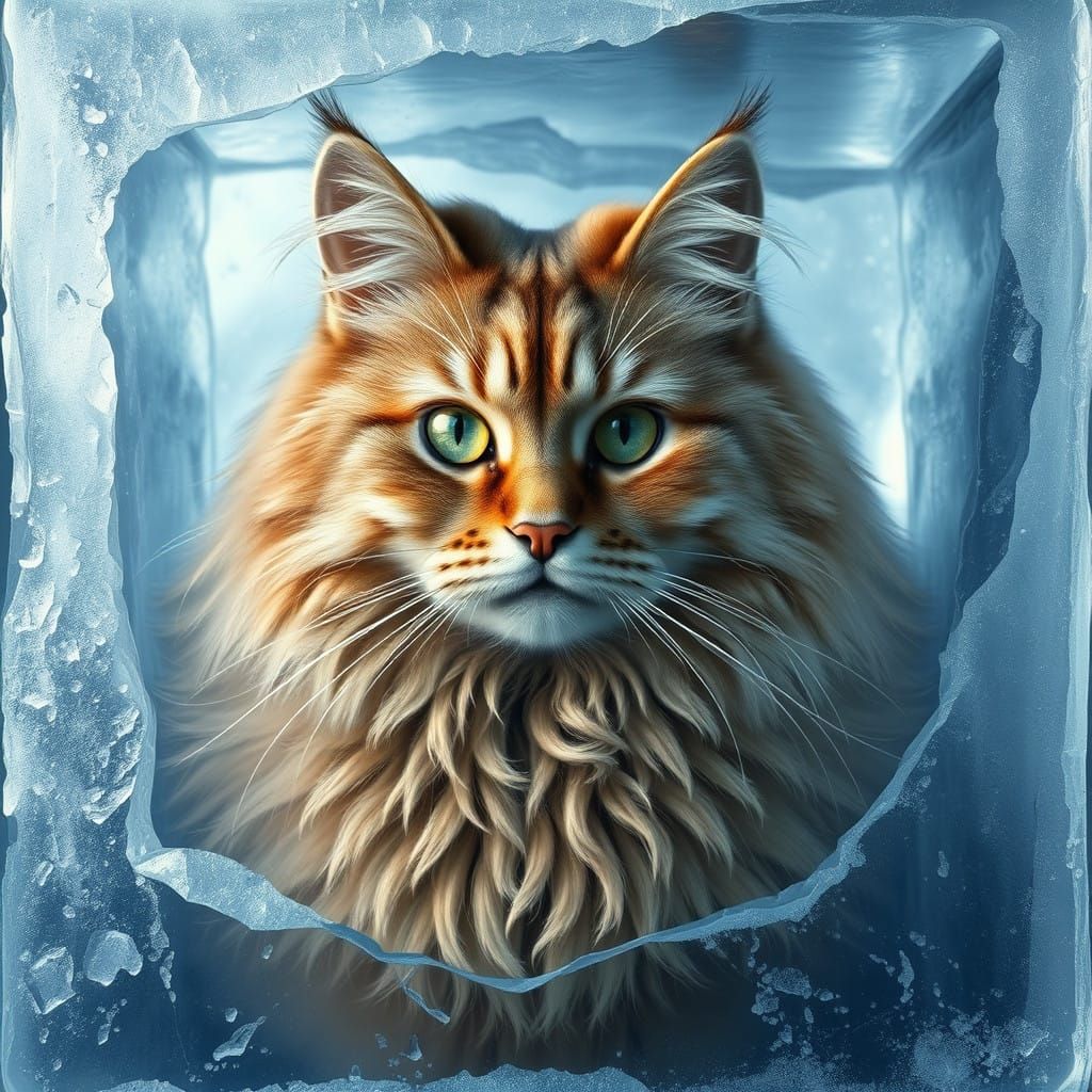 Realistic Cat Frozen in Crystal Ice