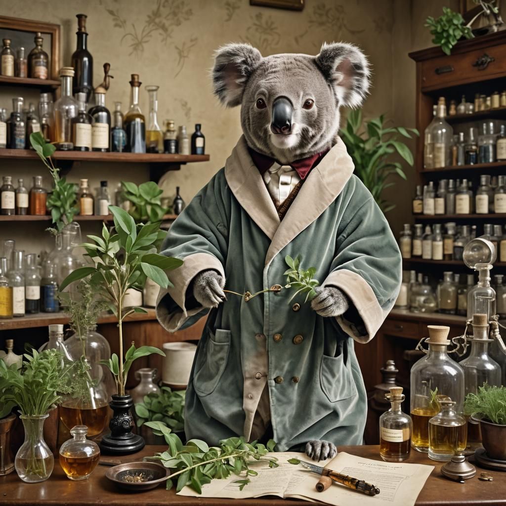 Koala Pharmacist in 19th Century Lab