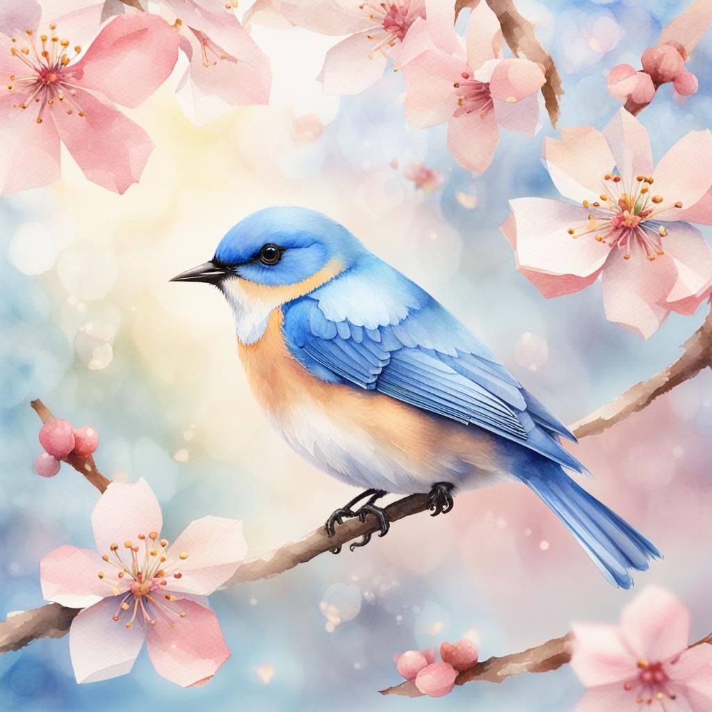 Blue Bird on Cherry Branch in Watercolor Style