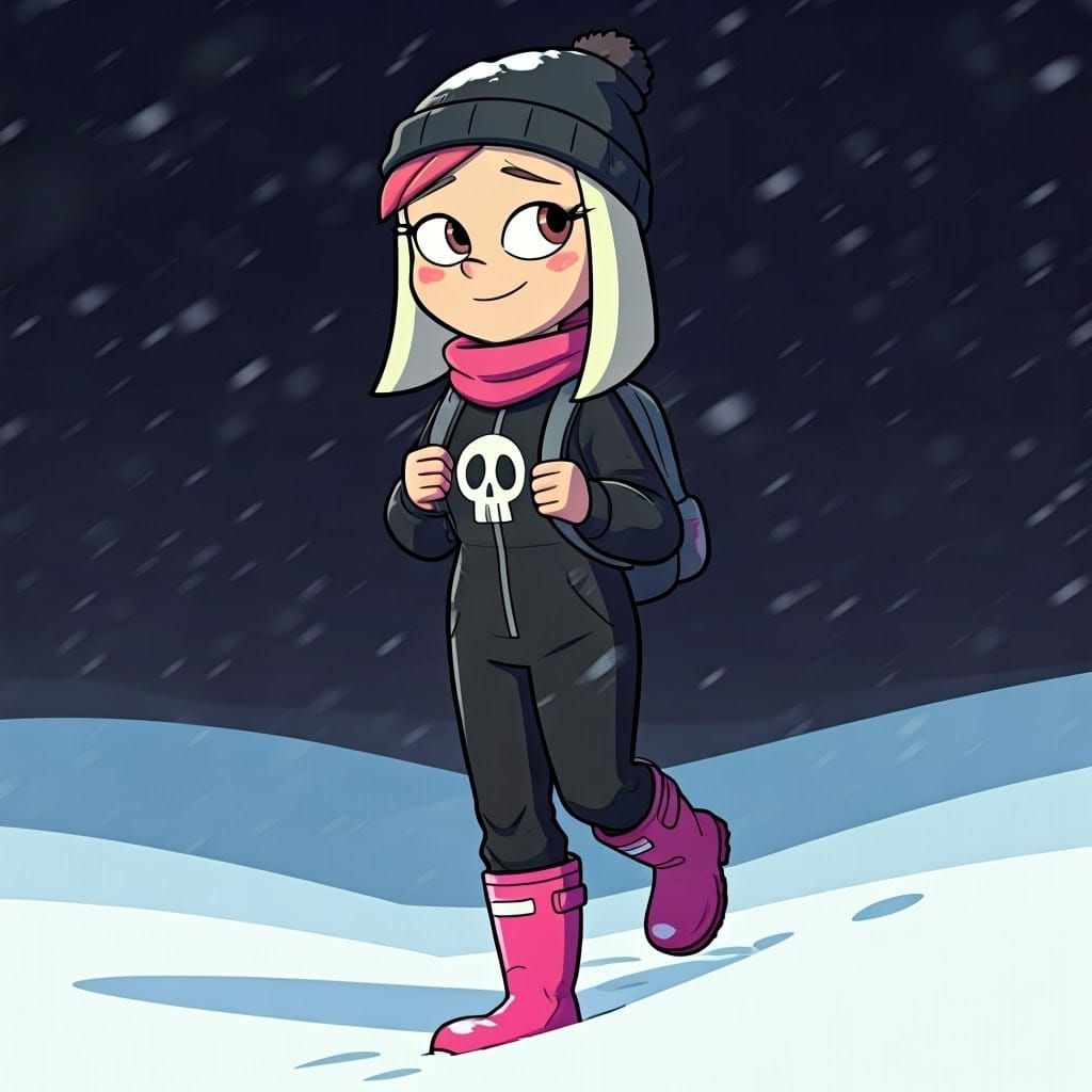 Girl with Pink Hair Walks Home in Snow