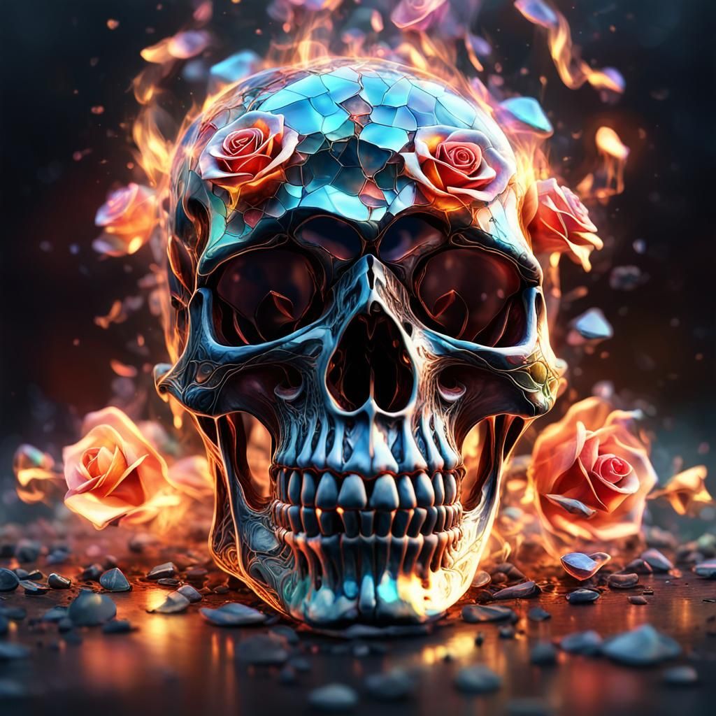 Burning Rose Skull Art with Broken Glass Effect