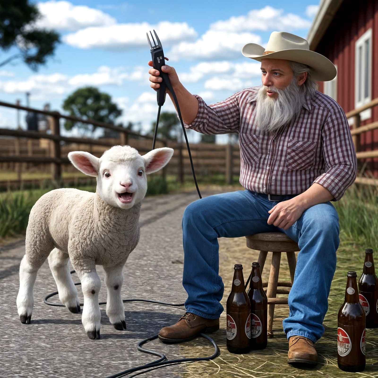 Worried Lamb and Inebriated Farmer in Outback