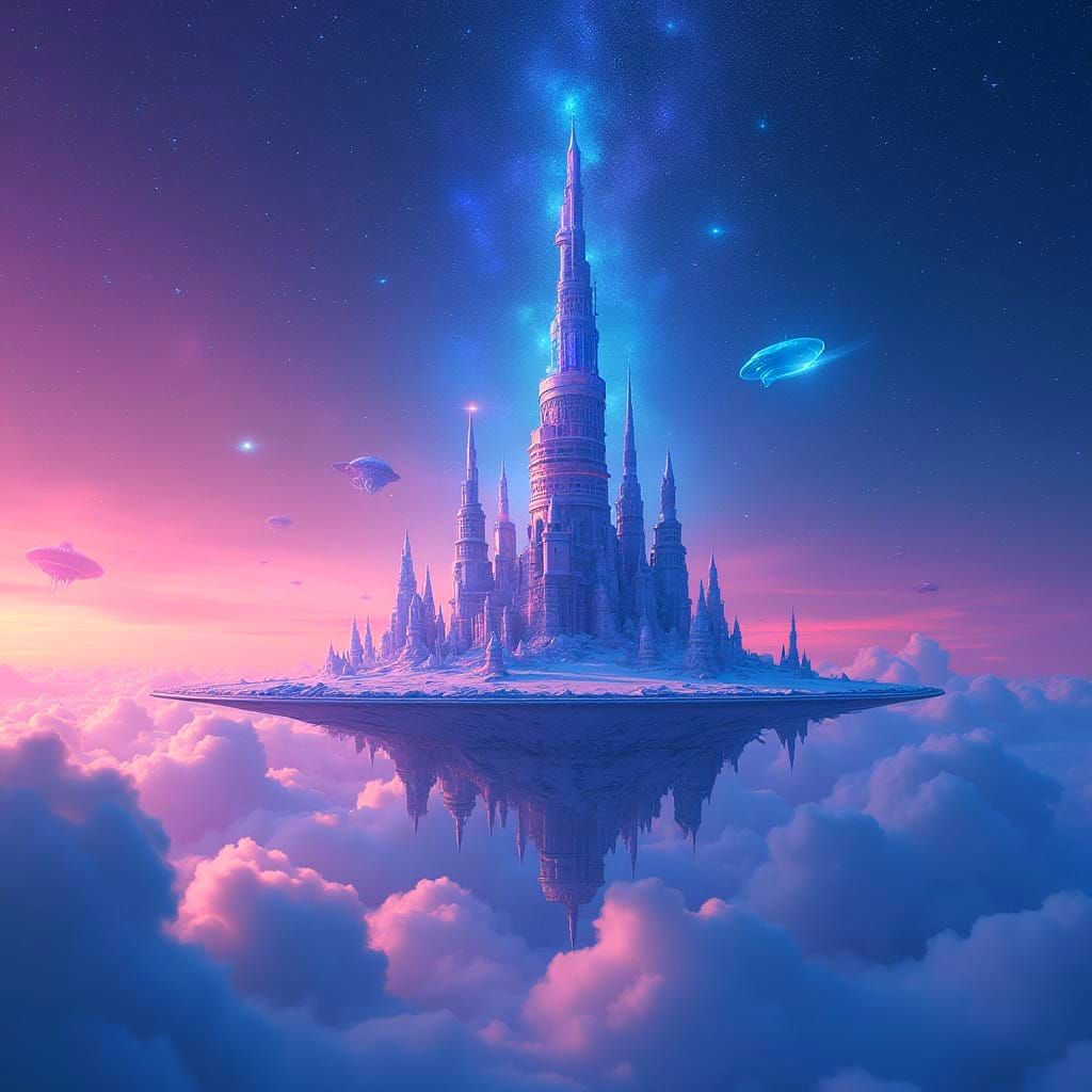Futuristic Floating City in Alien Landscape, Crystal Towers,...