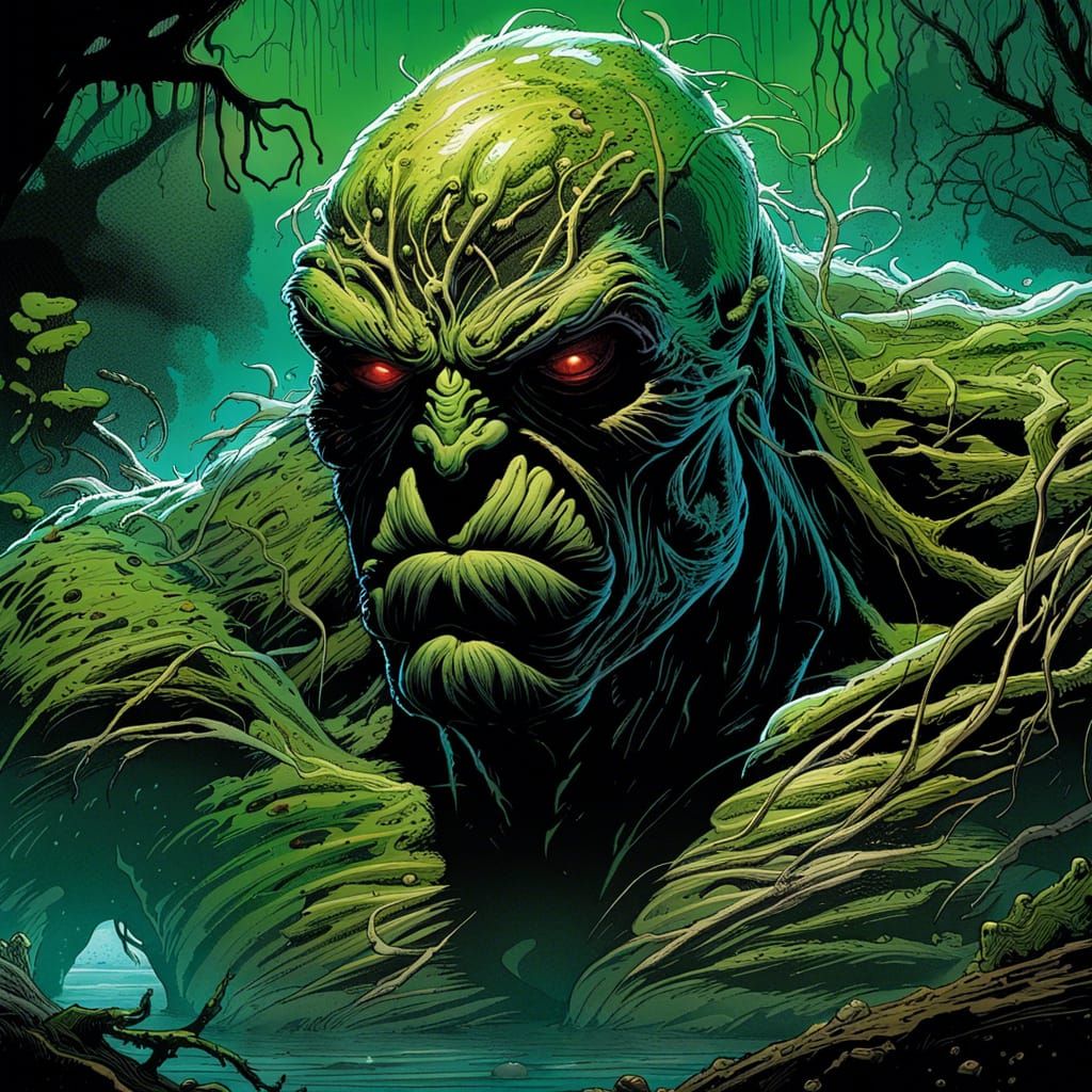 Hyperrealistic Swamp Thing Wakes in Misty Swamp