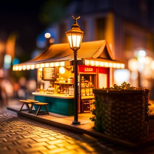 Hyperdetailed Miniature Cafe at Night in Diorama