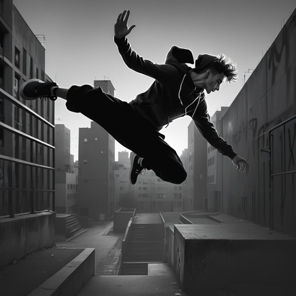 Dynamic Freerunning Digital Art in Urban Cityscape