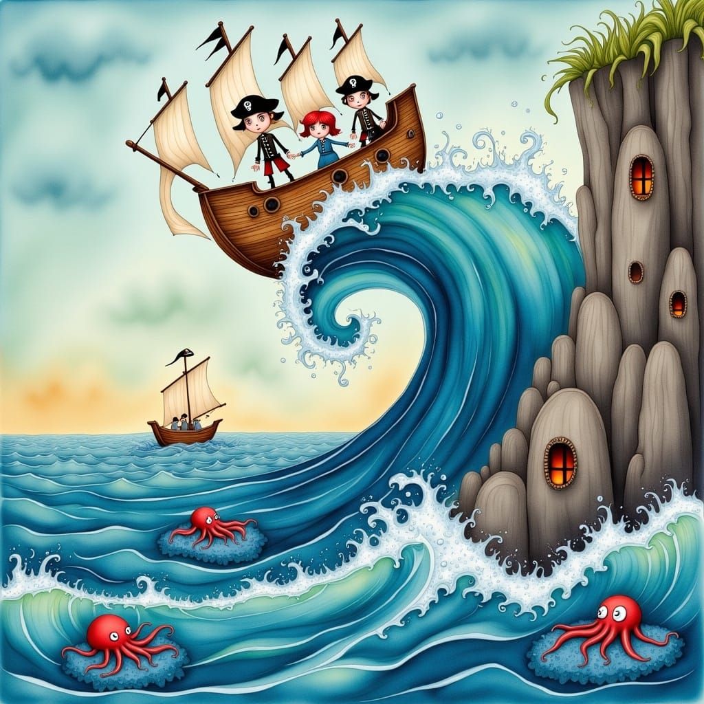 Colossal Wave Swallows Living Room with Pirate Ship and Merm...