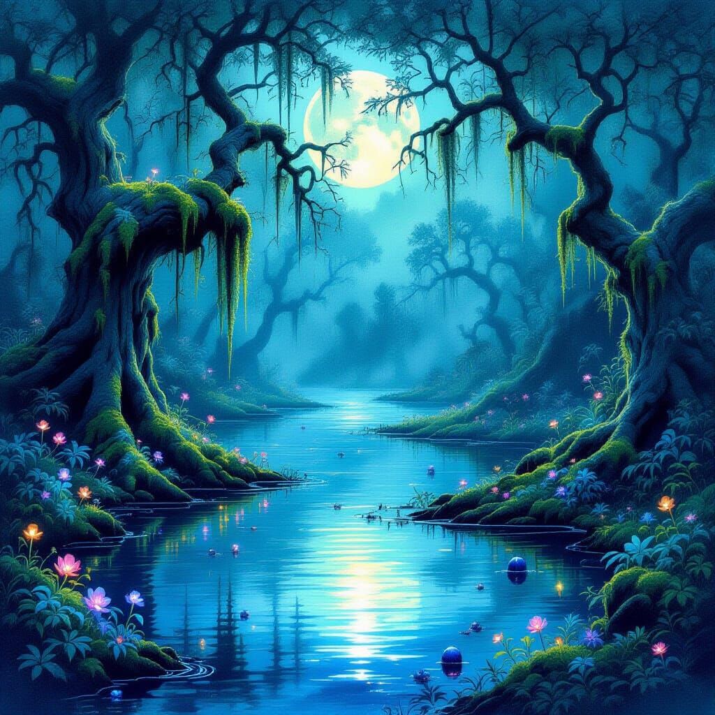 Mystical Moonlit Swamp with Glowing Flora