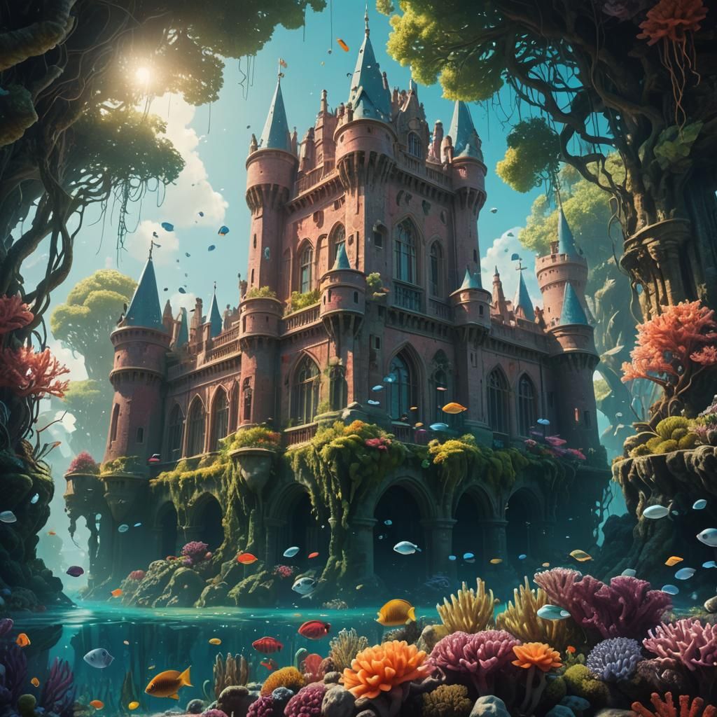 Underwater Castle Garden with Queen, Matte Painting