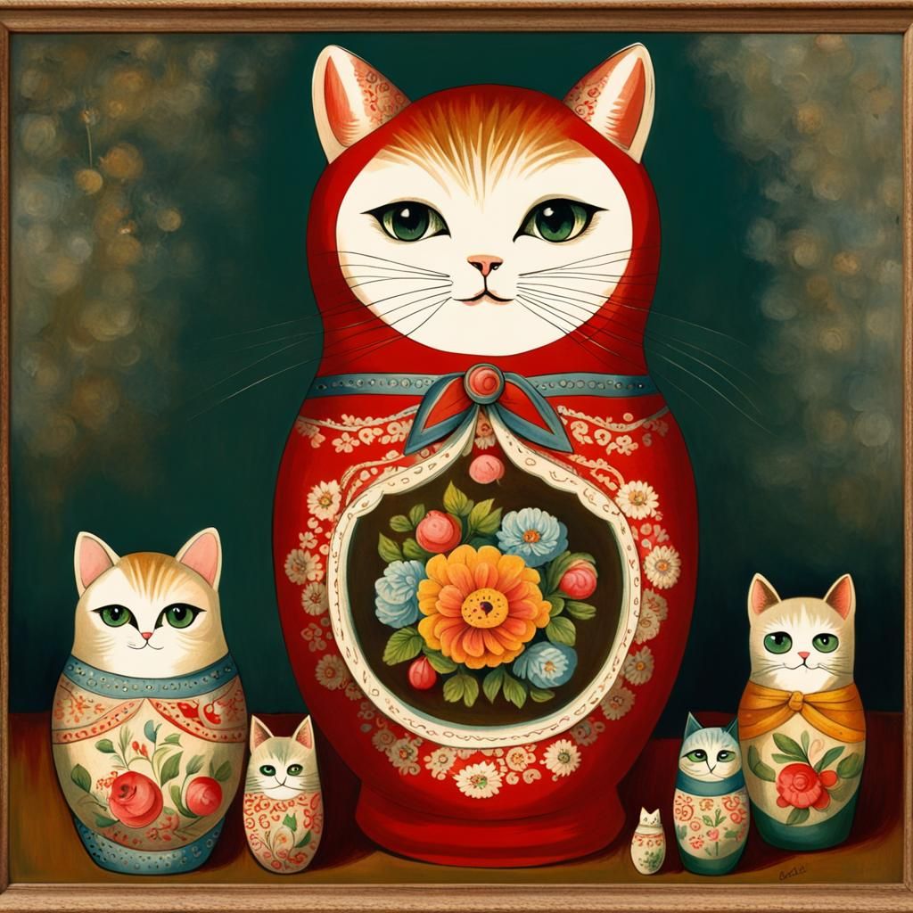 Vintage Cat Matryoshka Doll Painting