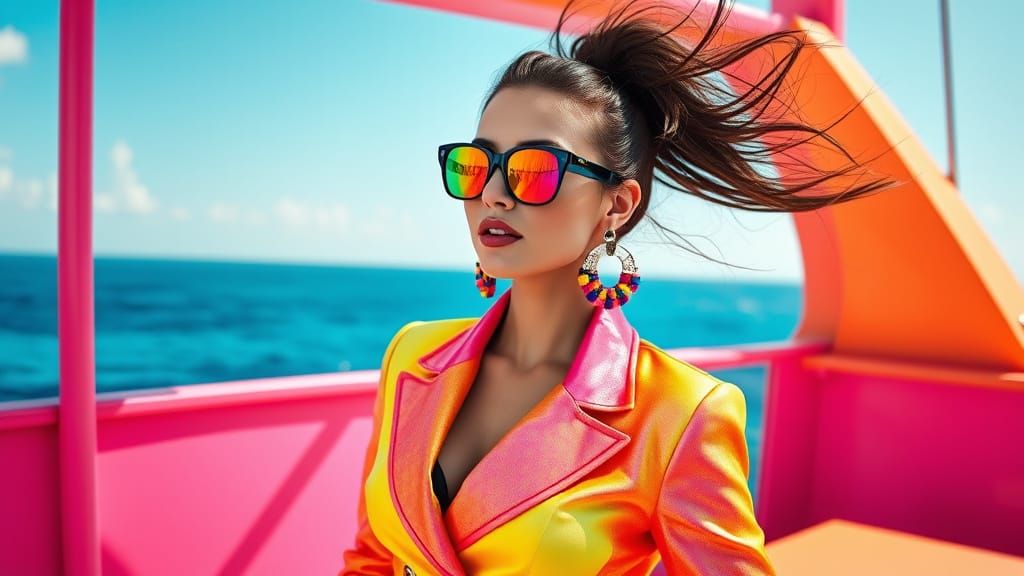 Vibrant Tropical Fashion Model on Colorful Boat