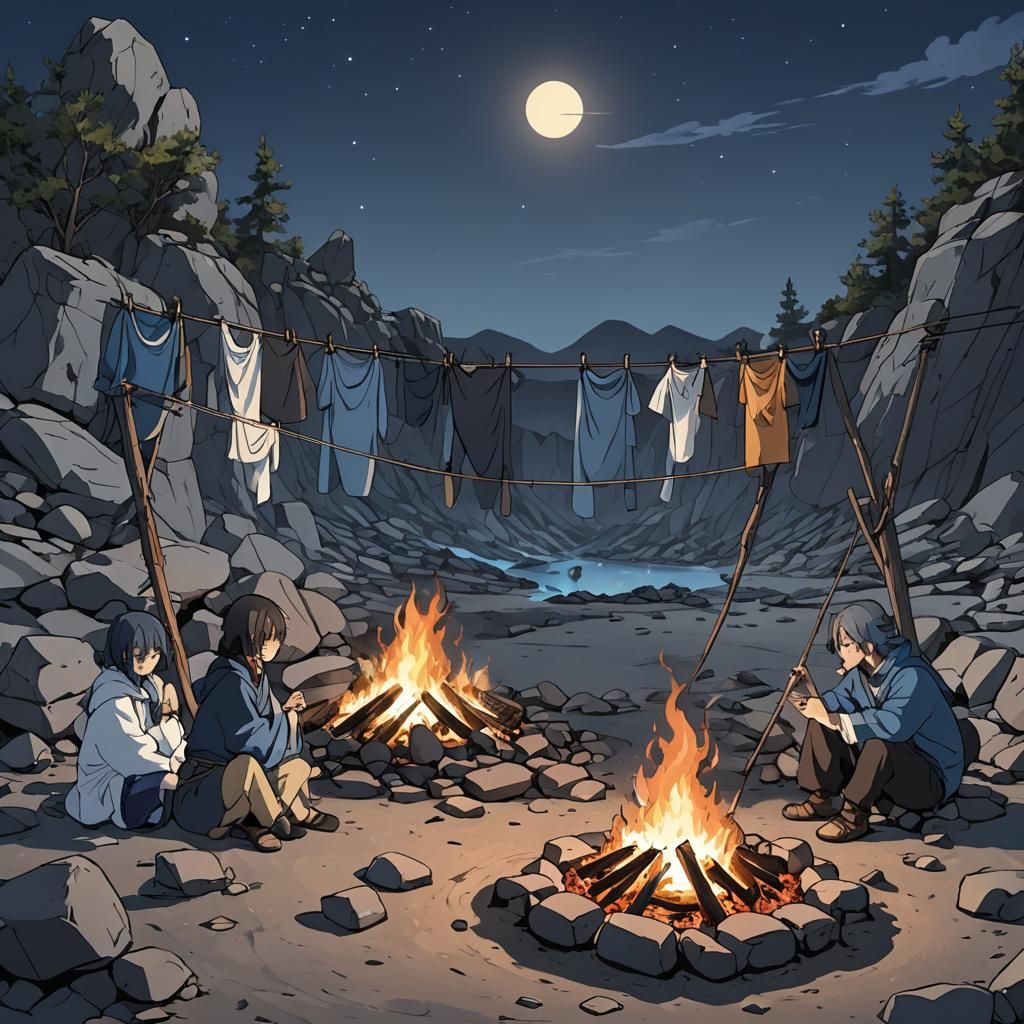 Anime Night Scene with Blue Fire Bonfire