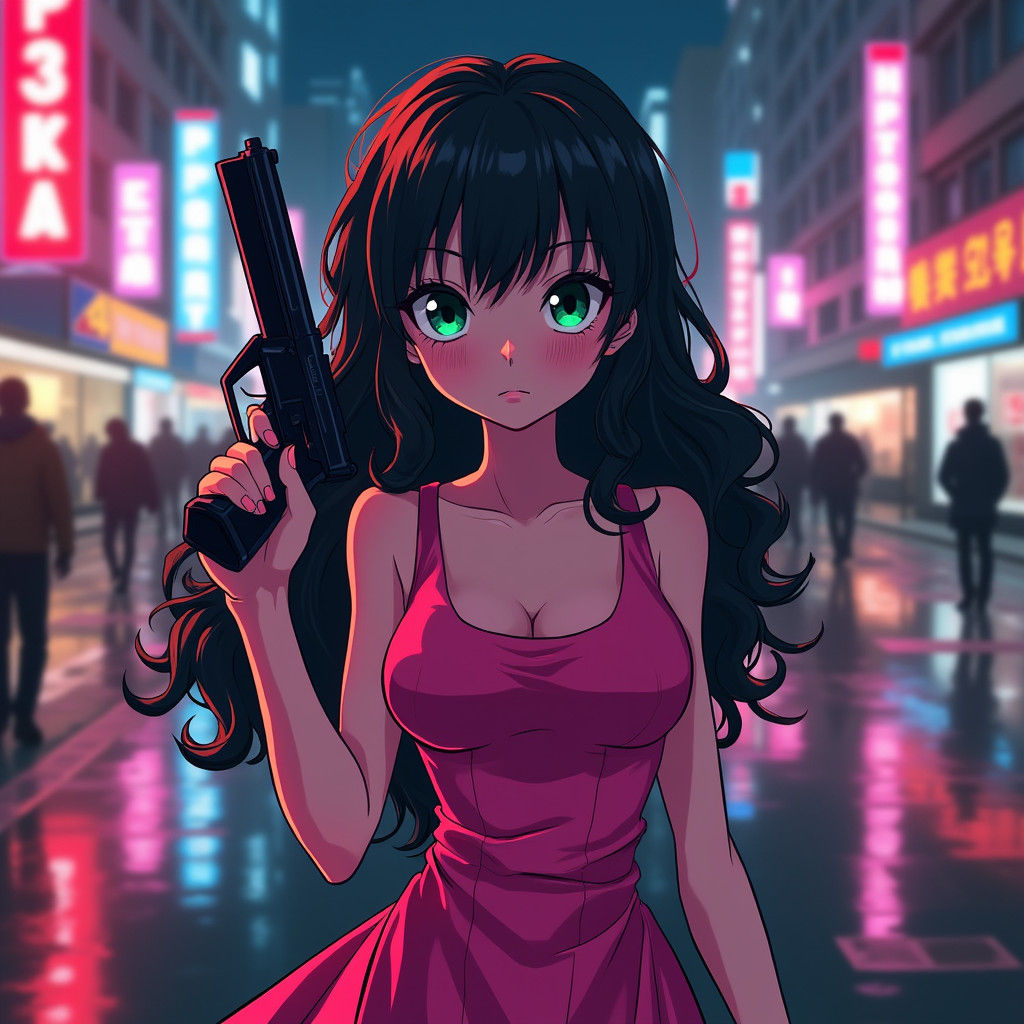 Anime-Style Russian Girl with Pistol in Neon City